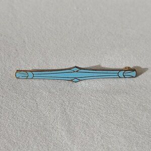 Art Deco Nouveau gematric bar pin enamel turquoise blue gold tone estate retro